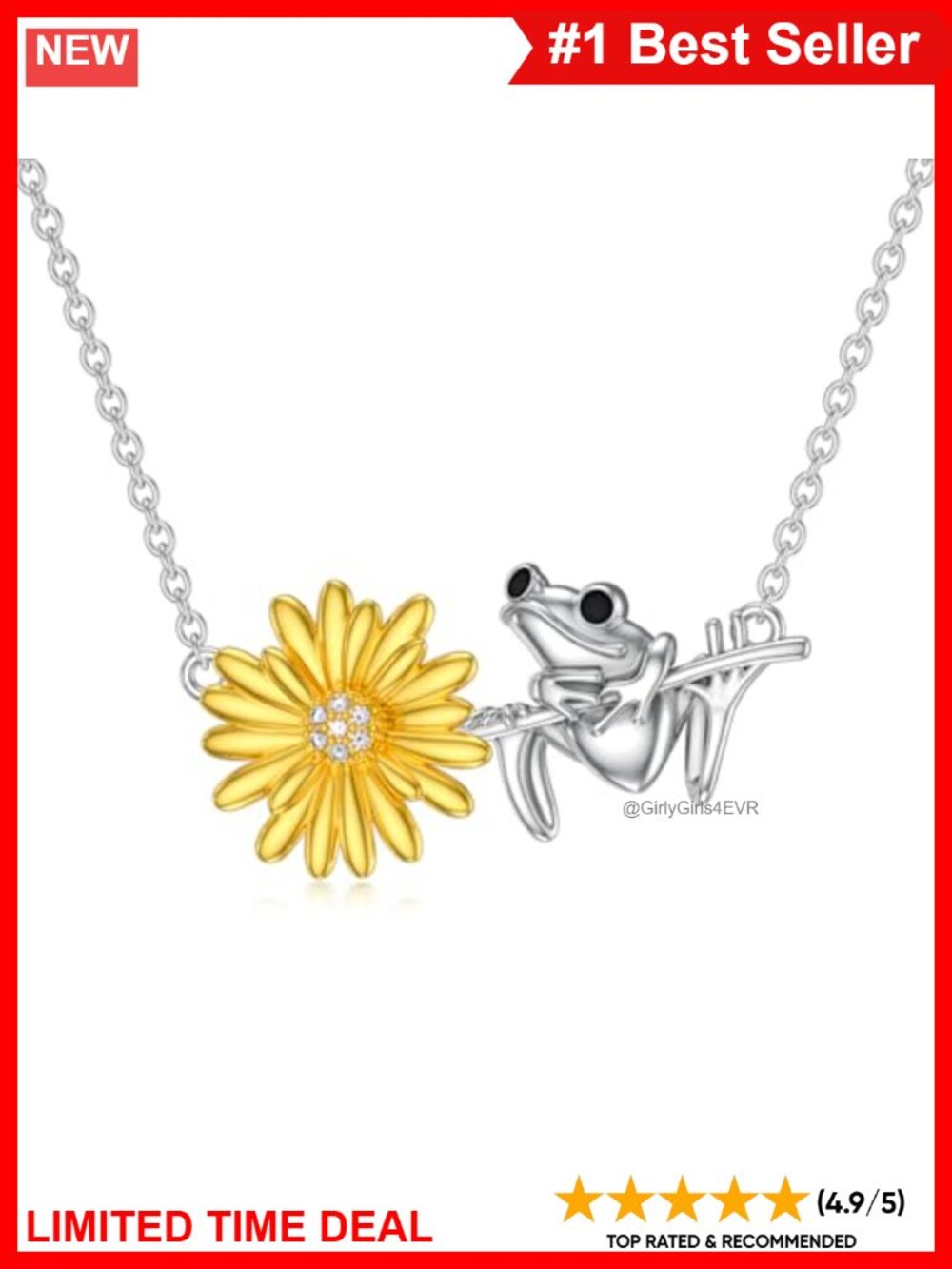 925 Sterling Silver Diamond Frog Sunflower Pendant Necklace 18-20 Inch